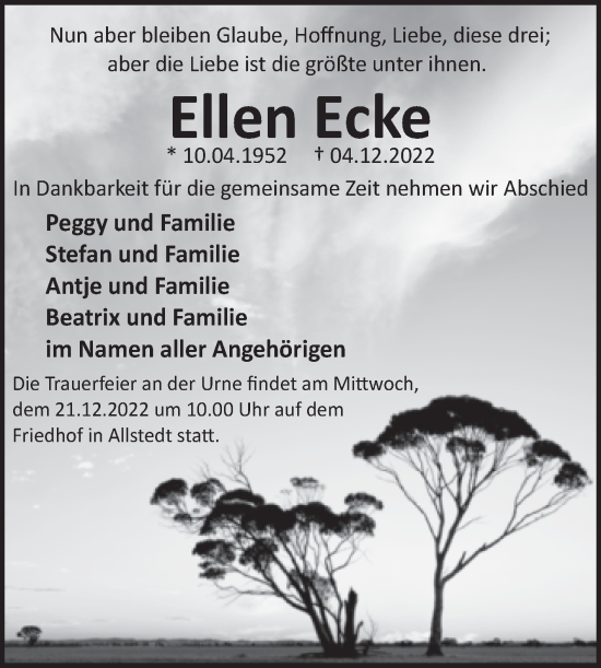 Traueranzeige von Ellen Ecke von Trauerkombi Sangerhausen