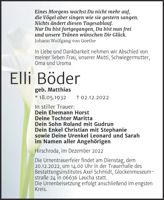 Traueranzeige von Elli Böder von Wochenspiegel Naumburg/Nebra