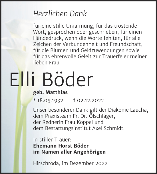 Traueranzeige von Elli Böder von Wochenspiegel Naumburg/Nebra