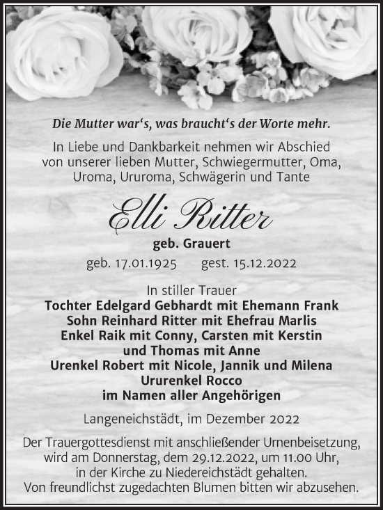 Traueranzeige von Elli Ritter von Trauerkombi Merseburg