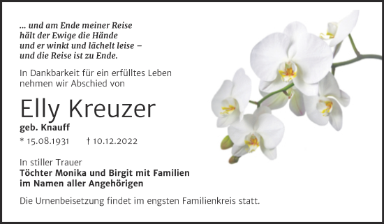 Traueranzeige von Elly Kreuzer von Trauerkombi Bernburg