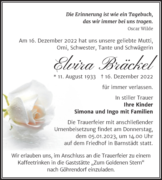 Traueranzeige von Elvira Bräckel von Trauerkombi Merseburg