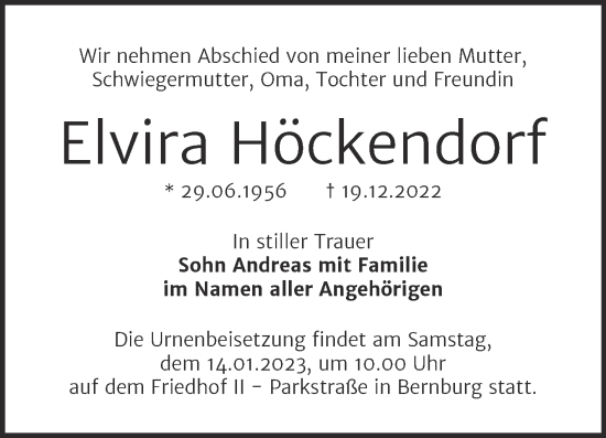 Traueranzeige von Elvira Höckendorf von Trauerkombi Bernburg