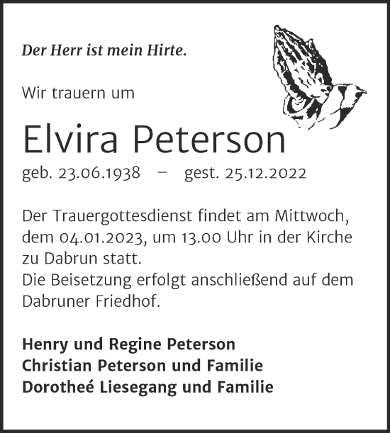 Traueranzeige von Elvira Peterson von Trauerkombi Wittenberg