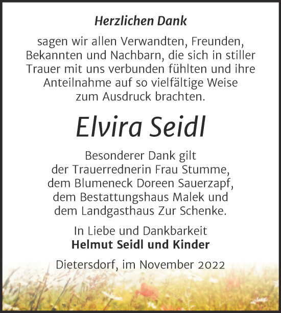 Traueranzeige von Elvira Seidl von Trauerkombi Sangerhausen