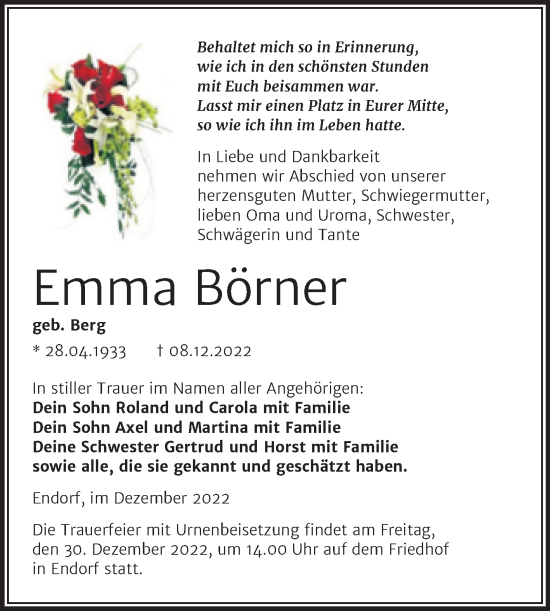 Traueranzeige von Emma Börner von Trauerkombi Quedlinburg