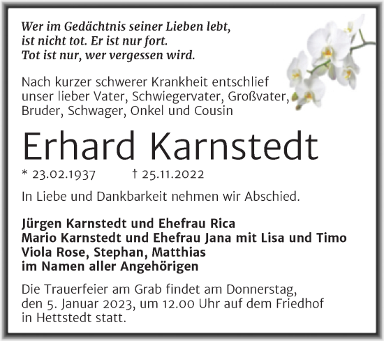 Traueranzeige von Erhard Karnstedt von Trauerkombi Mansfelder Land