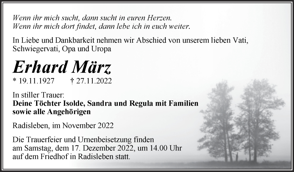  Traueranzeige für Erhard März vom 03.12.2022 aus Trauerkombi Quedlinburg