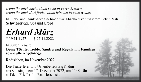 Traueranzeige von Erhard März von Trauerkombi Quedlinburg