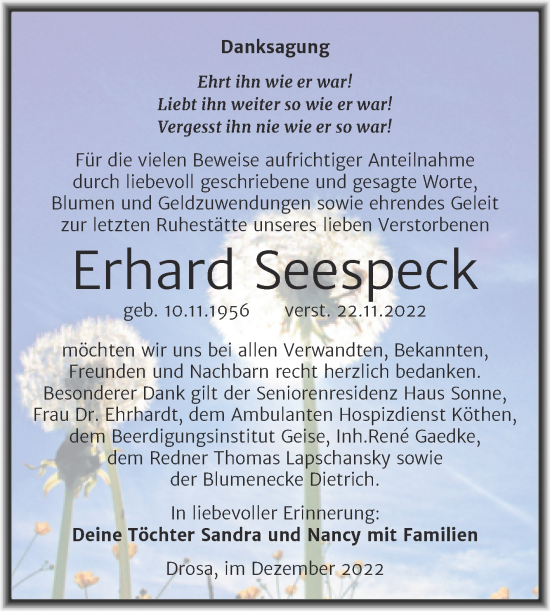 Traueranzeige von Erhard Seespeck von Trauerkombi Köthen
