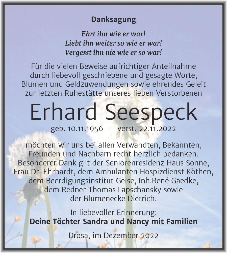  Traueranzeige für Erhard Seespeck vom 17.12.2022 aus Trauerkombi Köthen