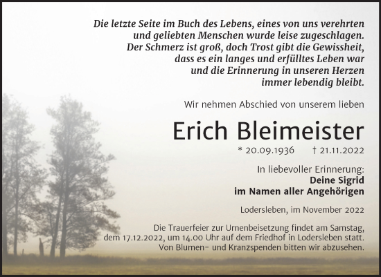 Traueranzeige von Erich Bleimeister von Trauerkombi Merseburg