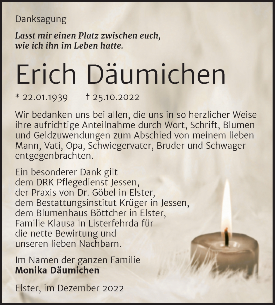 Traueranzeige von Erich Däumichen von Trauerkombi Wittenberg