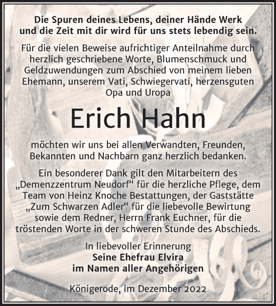 Traueranzeige von Erich Hahn von Trauerkombi Quedlinburg