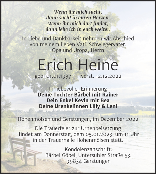 Traueranzeige von Erich Heine von Trauerkombi Weißenfels
