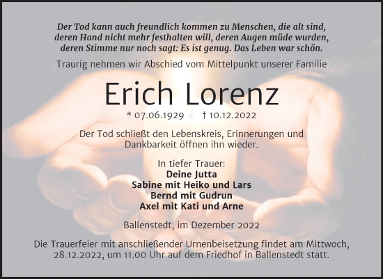 Traueranzeige von Erich Lorenz von Trauerkombi Quedlinburg