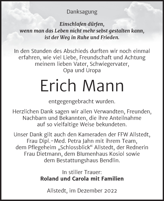 Traueranzeige von Erich Mann von Trauerkombi Sangerhausen