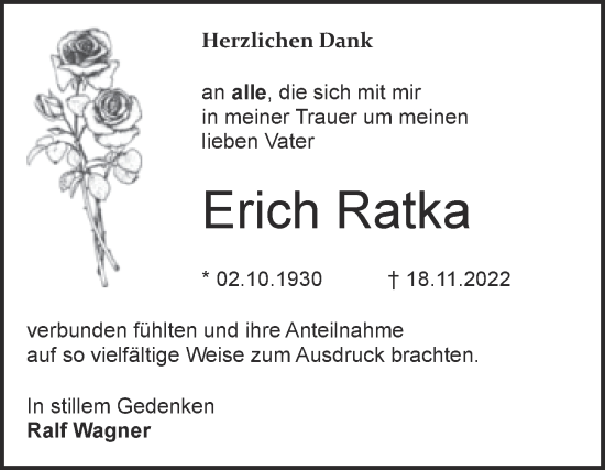 Traueranzeige von Erich Ratka von Trauerkombi Bitterfeld