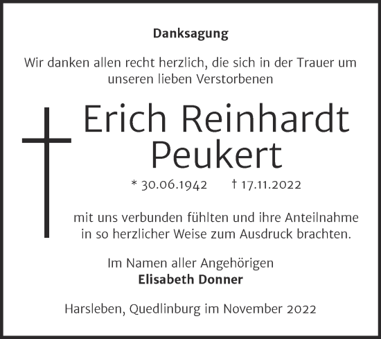 Traueranzeige von Erich Reinhardt Peukert von Trauerkombi Quedlinburg