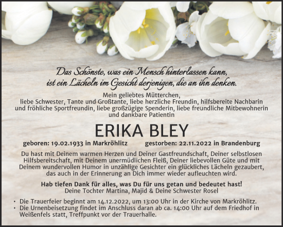Traueranzeige von Erika Bley von Trauerkombi Weißenfels