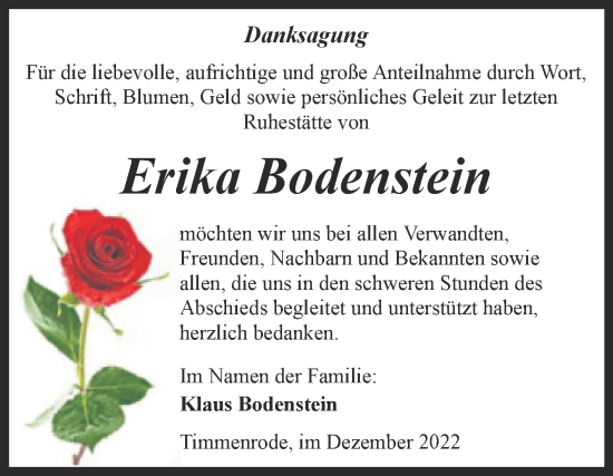 Traueranzeige von Erika Bodenstein von Trauerkombi Quedlinburg