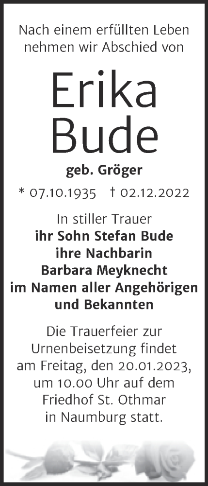 Traueranzeige von Erika Bude von Wochenspiegel Naumburg/Nebra