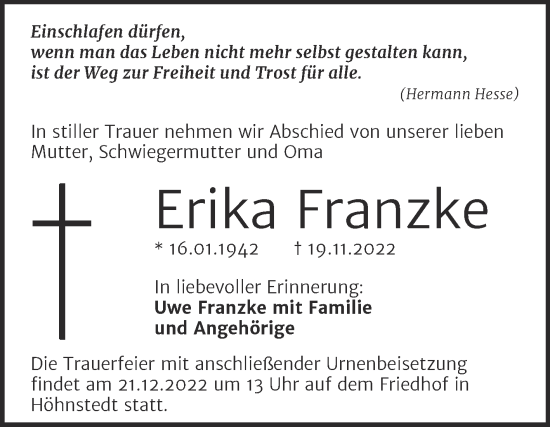 Traueranzeige von Erika Franzke von Mitteldeutsche Zeitung Halle/Saalkreis