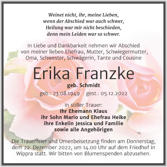 Traueranzeige von Erika Franzke von Mitteldeutsche Zeitung Mansfelder Land