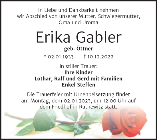 Traueranzeige von Erika Gabler von Naumburger Tageblatt