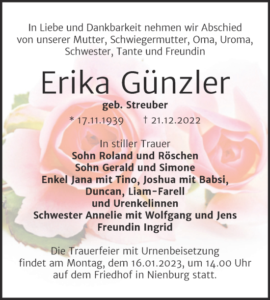 Traueranzeige von Erika Günzler von Trauerkombi Bernburg