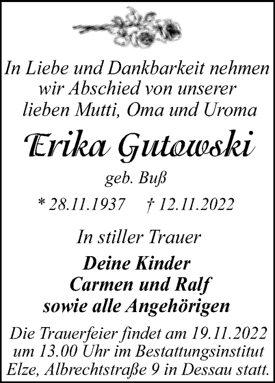 Traueranzeige von Erika Gutowski von Trauerkombi Dessau