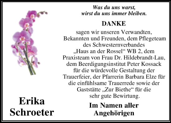 Traueranzeige von Erika Schroeter von Trauerkombi Dessau