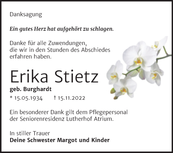 Traueranzeige von Erika Stietz von Trauerkombi Mansfelder Land
