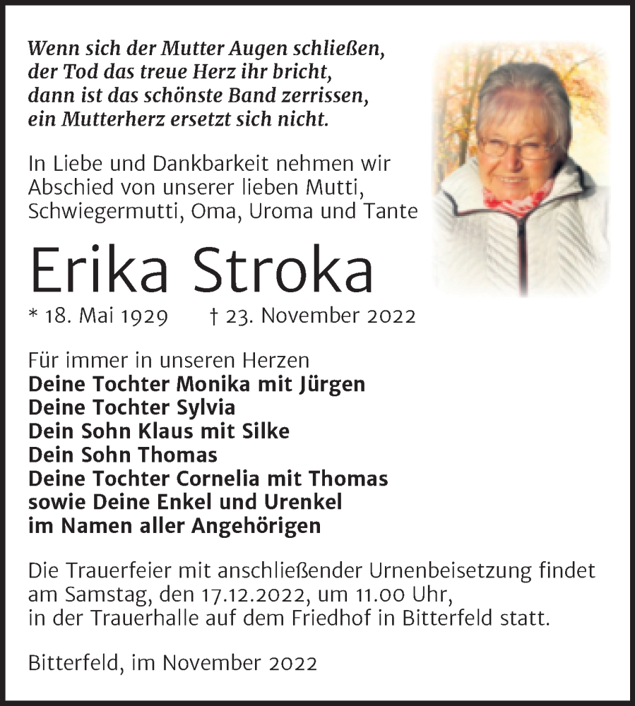  Traueranzeige für Erika Stroka vom 03.12.2022 aus Trauerkombi Bitterfeld