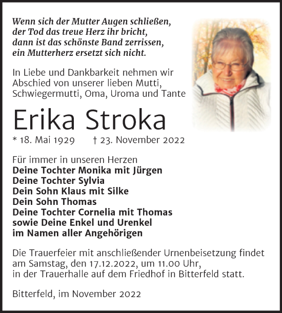 Traueranzeige von Erika Stroka von Trauerkombi Bitterfeld