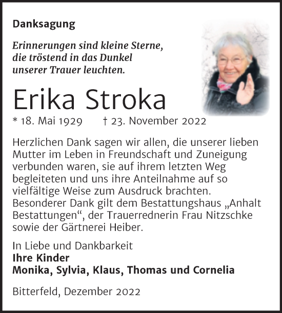 Traueranzeige von Erika Stroka von Trauerkombi Bitterfeld