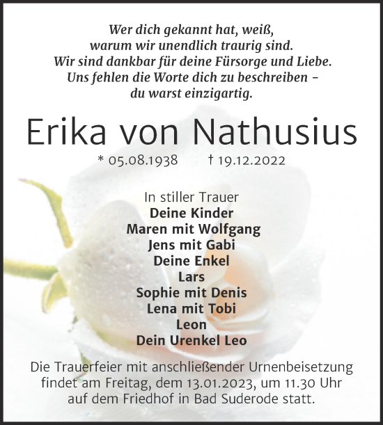 Traueranzeige von Erika von Nathusius von Trauerkombi Quedlinburg