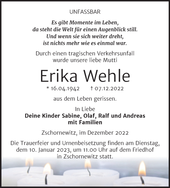 Traueranzeige von Erika Wehle von Trauerkombi Wittenberg