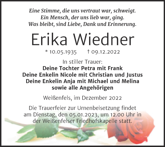 Traueranzeige von Erika Wiedner von Trauerkombi Weißenfels