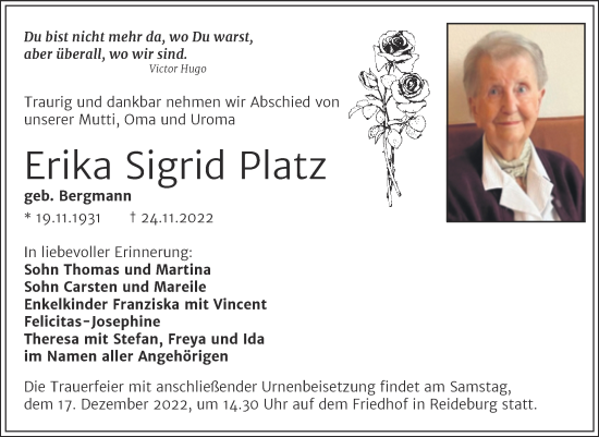 Traueranzeige von Erika Sigrid Platz von Mitteldeutsche Zeitung Halle/Saalkreis