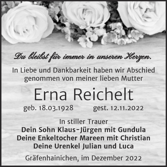 Traueranzeige von Erna Reichelt von Trauerkombi Wittenberg