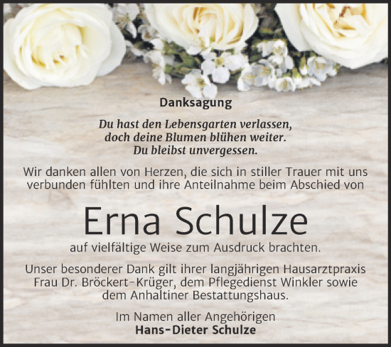 Traueranzeige von Erna Schulze von Trauerkombi Dessau