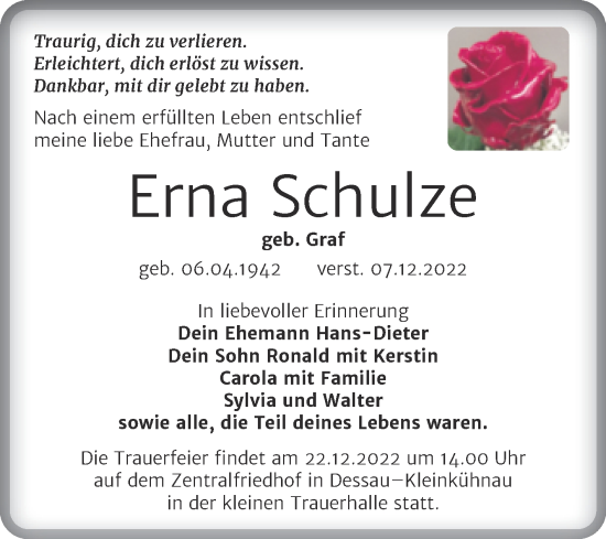 Traueranzeige von Erna Schulze von Trauerkombi Dessau