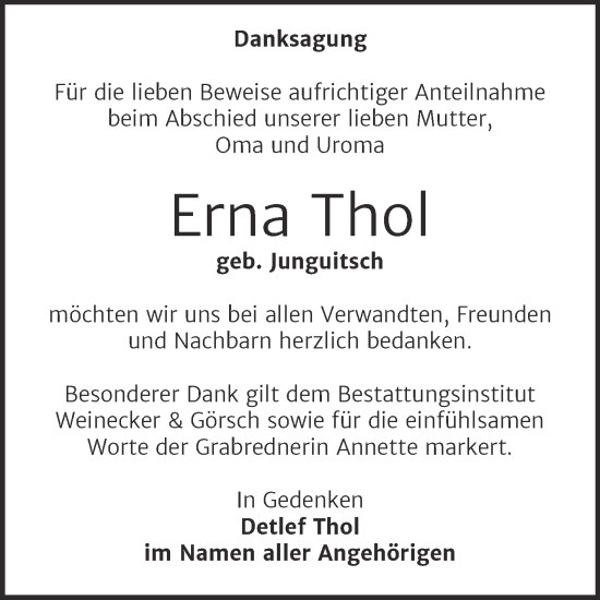 Traueranzeige von Erna Thol von Trauerkombi Bernburg