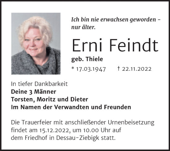 Traueranzeige von Erni Feindt von Trauerkombi Dessau