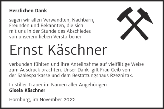 Traueranzeige von Ernst Käschner von Trauerkombi Mansfelder Land