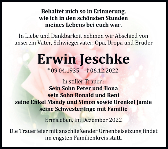 Traueranzeige von Erwin Jeschke von Trauerkombi Quedlinburg
