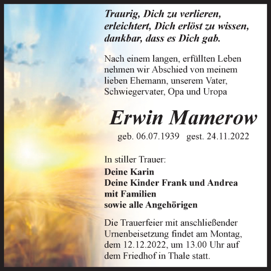 Traueranzeige von Erwin Mamerow von Trauerkombi Quedlinburg
