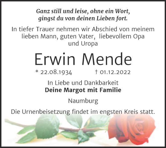 Traueranzeige von Erwin Mende von Wochenspiegel Naumburg/Nebra