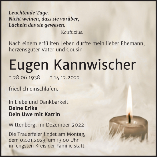 Traueranzeige von Eugen Kannwischer von Trauerkombi Wittenberg